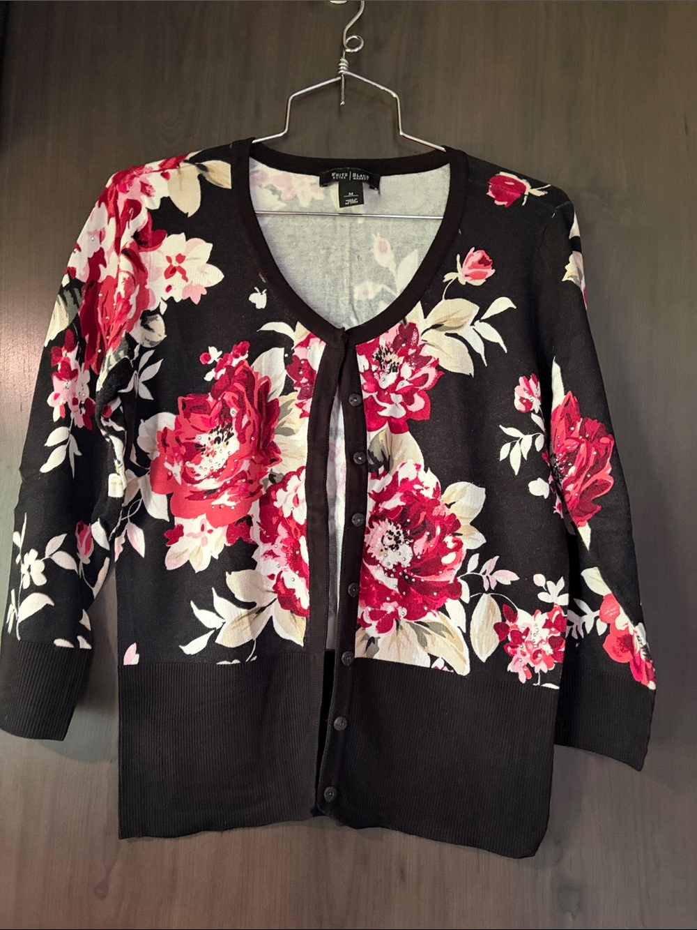 White House Black Market Black Cardigan with Red and Pink Floral Print